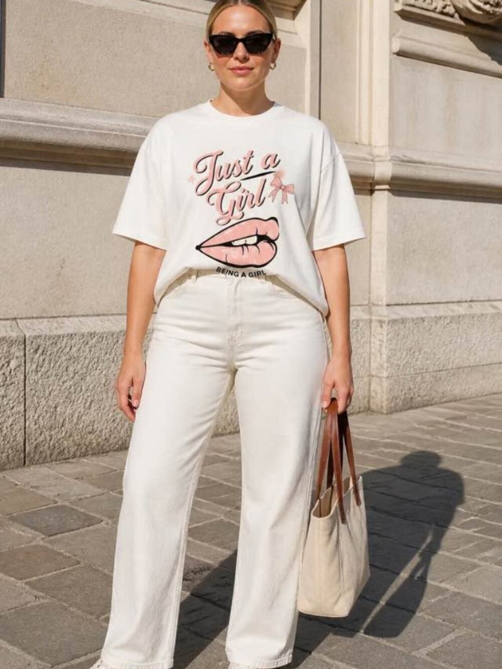 Just a Girl Graphic T-Shirt Pink Lips Bow White Gildan Women’s Size Large